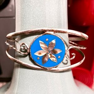 ☮️🪷Free People Vintage Alpaca Silver & Abalone Daisy Cuff Bracelet Anna Corinna